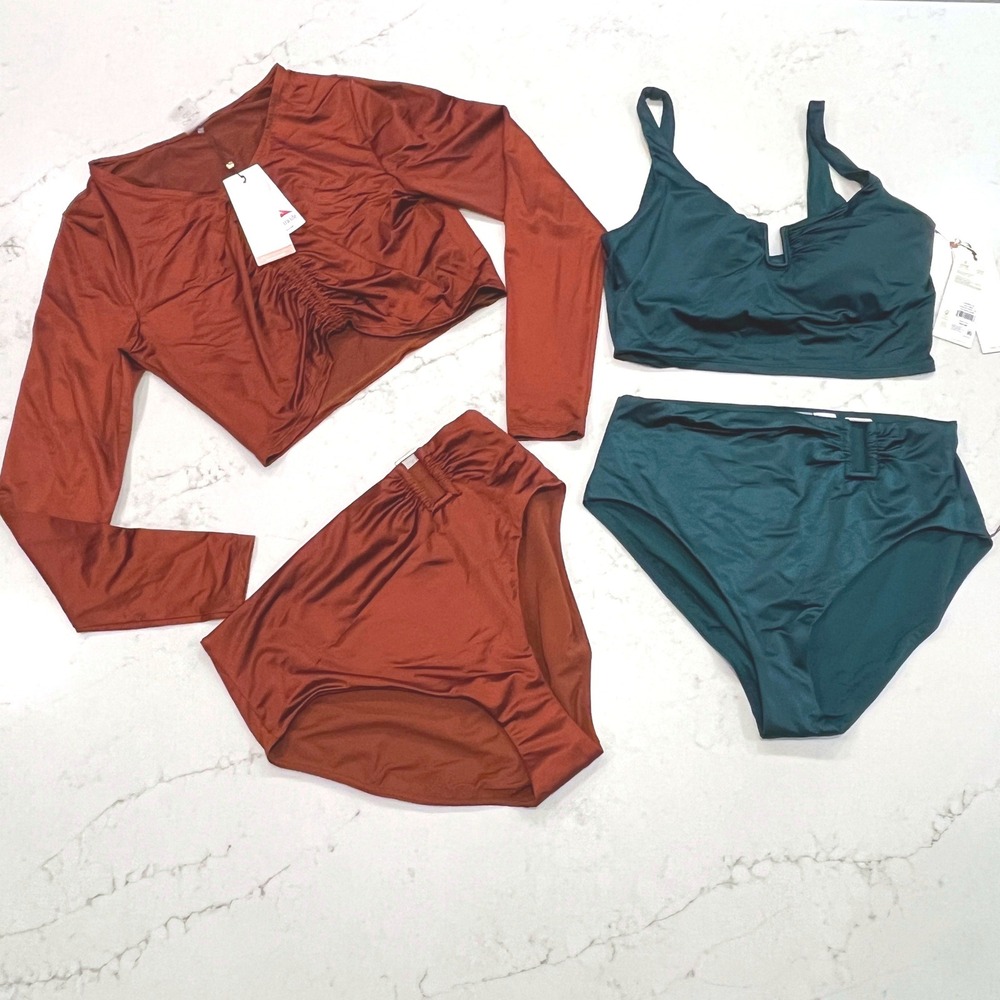 CALIA Swimwear Lot Bikini Top Rashguard High Rise Bottoms Womens M Green Brown